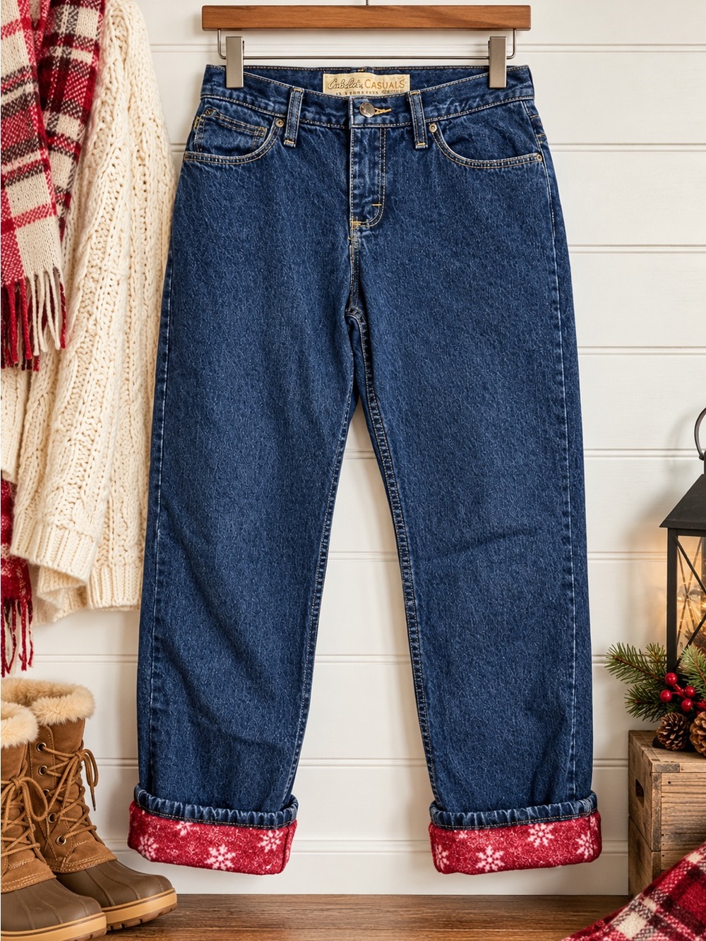 Cabela's Women's Dark Blue Straight-Leg Jeans with Red Snowflake Cuff